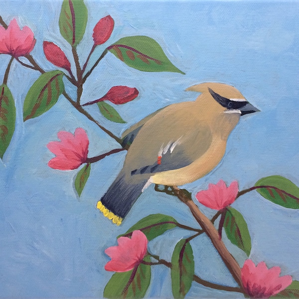 Seconds Sale Bird and Flower Giclee Print, 8x10, Blue Green Pink, Nature Scene, Original Acrylic Painting, Archival Fine Art Print, Waxwing