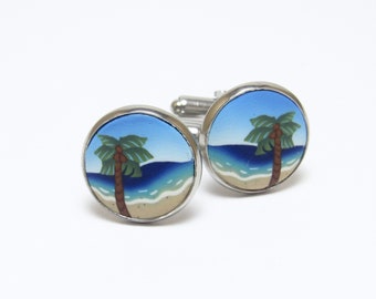 Beach Scene Cufflinks, Palm Tree Cufflinks, Summer Landscape, Blue Green Tan, Polymer Clay, Suit Accessory, Men's Gift, Work Wear