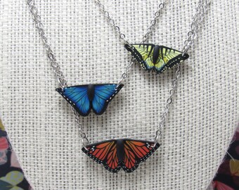 Mini Butterfly Necklace, Small Pendant, Polymer Clay, Orange Monarch, Blue Morpho, Yellow Swallowtail, Nature Jewelry, Unique Womens Gift