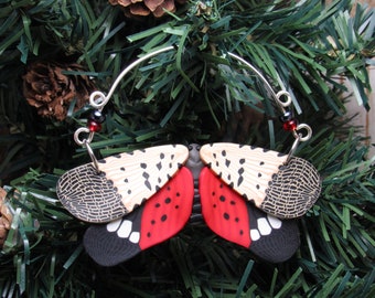 Spotted Lanternfly Ornament, Christmas Tree Decoration, Red Black Beige, Polymer Clay, Unique Womens Gift, Nature Inspired, Gardener Gift