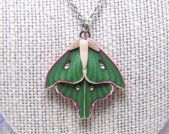 Dark Luna Moth Pendant Necklace, Green Purple Beige, Polymer Clay, Realistic Nature Jewelry, Unique Womens Gift, Bug Lover Gift