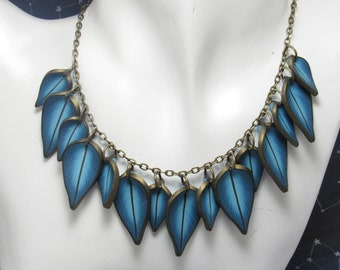 Blue Leaf Statement Necklace, Midnight Robin's Egg Blue & Bronze, Polymer Clay, Nature Jewelry, Prussian Blue Leaves, Unique Womens Gift