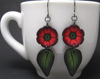Poppy Leaf Dangle Earrings, Long Flower Earrings, Red Green Black, Polymer Clay, Floral Earrings, Nature Jewelry, Unique Womens Gift