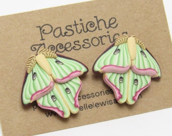 Luna Moth Stud Earrings, Green Pink & Beige, Polymer Clay, Realistic Nature Jewelry, Unique Women's Gift, Bug Lover Gift, Small Posts