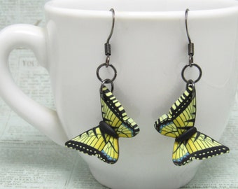 Butterfly Dangle Earrings, Yellow Swallowtail, Orange Monarch, Blue Morpho, Polymer Clay, Realistic Nature Jewelry, Unique Women Gift