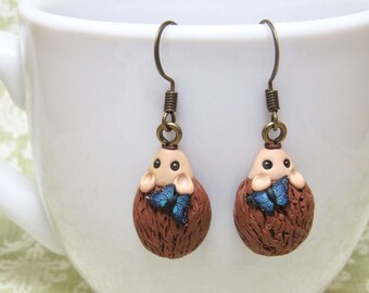 Hedgehog Butterfly Dangle Earrings, Brown & Blue, Polymer Clay, Cute Miniature, Woodland Animal, Nature Jewelry, Unique Womens Gift