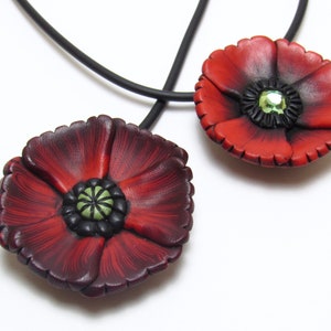 Poppy Pendant Necklace, Red & Black, Polymer Clay, Flower Choker, Floral Nature Jewelry, Statement Piece, Unique Womens Gift image 1