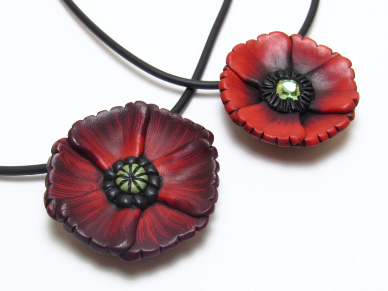 Poppy Pendant Necklace, Red & Black, Polymer Clay, Flower Choker, Floral Nature Jewelry, Statement Piece, Unique Womens Gift image 1