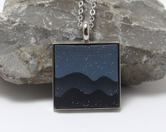 Starry Mountain Necklace, Night Sky Scene, Blue & Silver Pendant, Polymer Clay, Landscape Scene, Art Jewelry, Unique Women's Gift