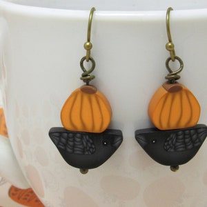 Pumpkin Crow Dangle Earrings, Orange & Black, Autumn Fall Jewelry, Polymer Clay Cane, Unique Womens Gift, Lightweight Earrings image 1