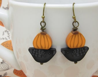 Pumpkin Crow Dangle Earrings, Orange & Black, Autumn Fall Jewelry, Polymer Clay Cane, Unique Womens Gift, Lightweight Earrings