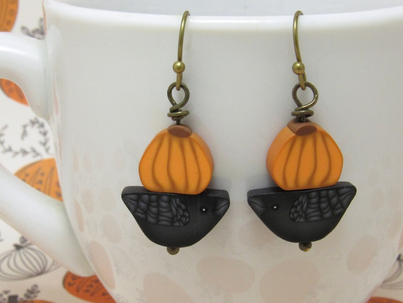 Pumpkin Crow Dangle Earrings, Orange & Black, Autumn Fall Jewelry, Polymer Clay Cane, Unique Womens Gift, Lightweight Earrings image 1