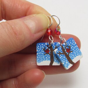 Handmade Red Cardinals Winter Dangle Earrings - Sterling Silver Wires, Stainless Steel Bezel