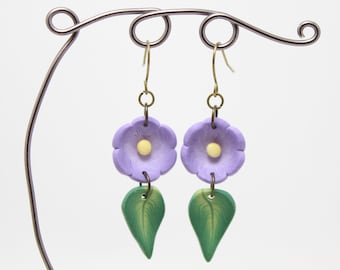 Violet Dangle Earrings, Purple Flower & Green Leaf, Polymer Clay, Spring Floral Jewelry, Nature Inspired, Unique Womens Gift, Boho Style
