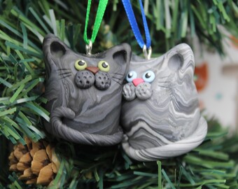 Gray Tabby Cat Christmas Tree Ornament Hand Sculpted in Polymer Clay