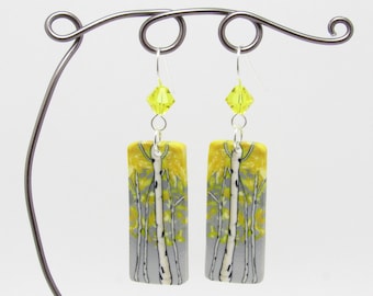 Aspen Tree Earrings, Birch Dangle Earrings, Yellow & Gray, Polymer Clay, Nature Inspired, Landscape Scene, Art Jewelry, Womens Gift