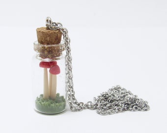 Spotted Mushroom Bottle Pendant, Red & Beige, Polymer Clay, Whimsical Nature Jewelry, Miniature, Unique Women Gift, Woodland Inspired