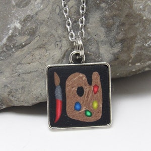 Painter's Palette Necklace, Black & Multi, Square Pendant, Polymer Clay Cane, Art Jewelry, Artist Gift, Teacher Gift, Unique Women's Gift image 1