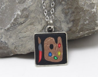 Painter's Palette Necklace, Black & Multi, Square Pendant, Polymer Clay Cane, Art Jewelry, Artist Gift, Teacher Gift, Unique Women's Gift