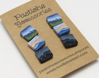 Mountain Stud Earrings, Landscape Post Earrings, Blue Green Pink, Sunset Starry Night, Polymer Clay, Unique Womens Gift, Jewelry Set