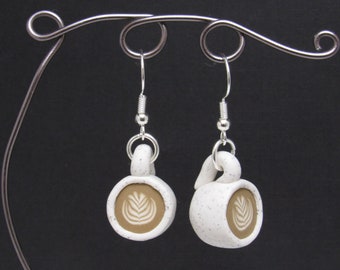 Coffee Cup Dangle Earrings, Brown & White, Mugs with Latte Art, Polymer Clay, Hand Sculpted, Mini Food Jewelry, Caffeine Lover Gift