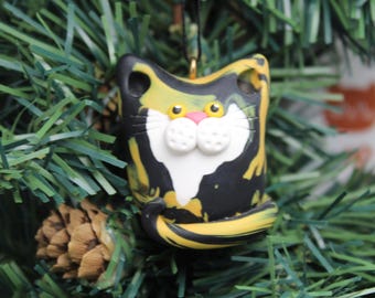 Calico Cat Christmas Tree Ornament Hand Sculpted in Polymer Clay