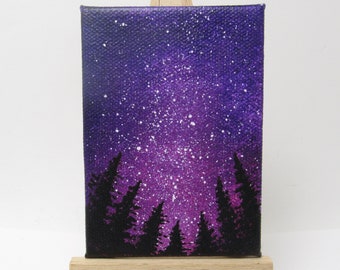 Purple Galaxy Mini Painting, Night Sky Scene, Tree Silhouette, Magenta Black, Nature Landscape, Original Art, Acrylic on Canvas Board, ACEO