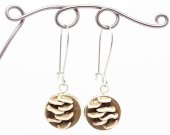 Turkey Tail Mushroom Dangle Earrings in Brown and Beige Polymer Clay