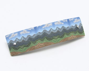 Mountain Scene Barrette, Blue Green Brown, Polymer Clay, Hair Accessory, Abstract Nature Landscape, Unique Women Gift, Asheville WNC