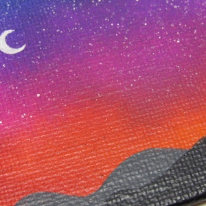 Starry Mountain Sunset, Miniature Painting, Mini Canvas Landscape, Alcohol Ink, Acrylic Painting, Blue Purple Red, Night Sky Scene, ACEO image 3