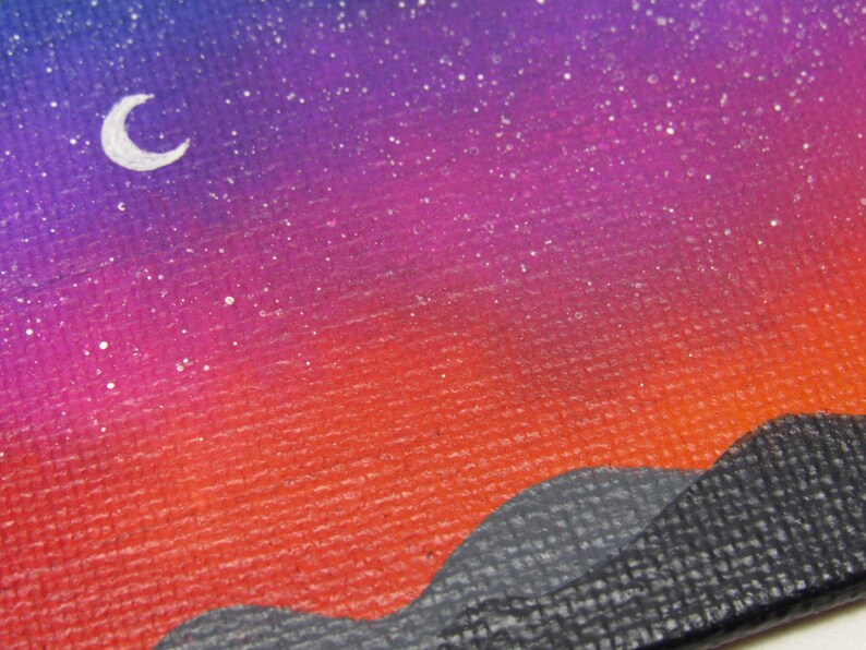 Starry Mountain Sunset, Miniature Painting, Mini Canvas Landscape, Alcohol Ink, Acrylic Painting, Blue Purple Red, Night Sky Scene, ACEO image 3