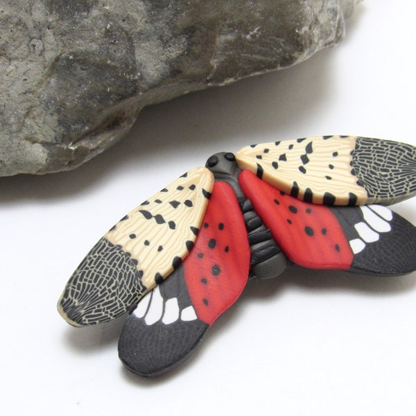 Spotted Lanternfly Brooch Pin, Beige Red Black, Polymer Clay, Nature Inspired, Unique Womens Jewelry, Entomologist Gift, Gardener Gift