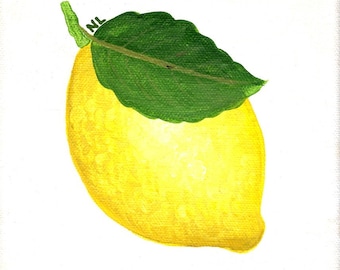 Lemon Fruit Painting, Kitchen Food Decor, Original Art, Acrylic Canvas, Yellow Green White, 6x6 Square, Small Painting, Unique Wall Art