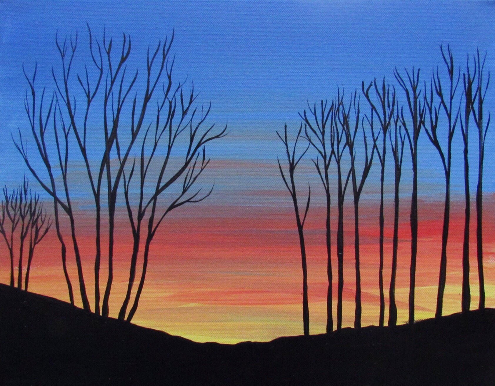 Sunset Silhouette Painting, Mountain Tree Landscape, Blue Pink Yellow, Original Art, Acrylic on Canvas, 14x11, Medium Wall Decor, Tennessee