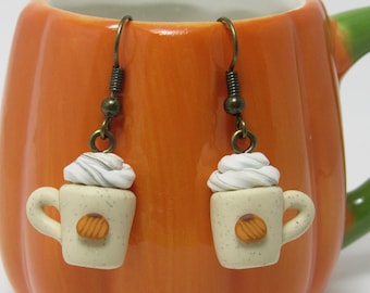 Pumpkin Spice Latte Dangle Earrings, Coffee Cup Earrings, Fall Jewelry, Polymer Clay, Hand Sculpted, Mini Food Jewelry, Autumn Gift