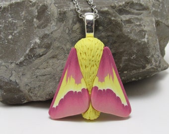 Rosy Maple Moth Pendant, Yellow Pink, Polymer Clay, Realistic Nature Jewelry, Unique Womens Gift, Bug Lover Gift, Entomologist Gift