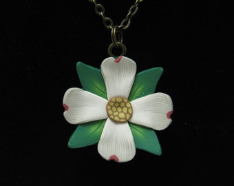 Dogwood Flower Pendant Necklace, White & Green, Polymer Clay, Floral Nature Jewelry, Statement Piece, Unique Womens Gift, North Carolina