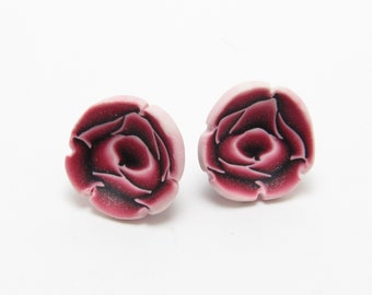 Graphic Rose Stud Earrings, Flower Posts, Pink Black White, Polymer Clay Cane, Floral Jewelry, Nature Jewelry, Womens Gift, Valentines Day