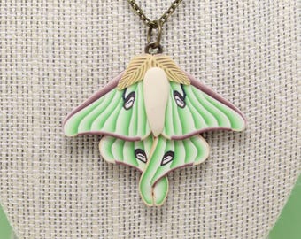Luna Moth Pendant Necklace, Green Brown Beige, Polymer Clay, Realistic Nature Jewelry, Unique Womens Gift, Bug Lover Gift