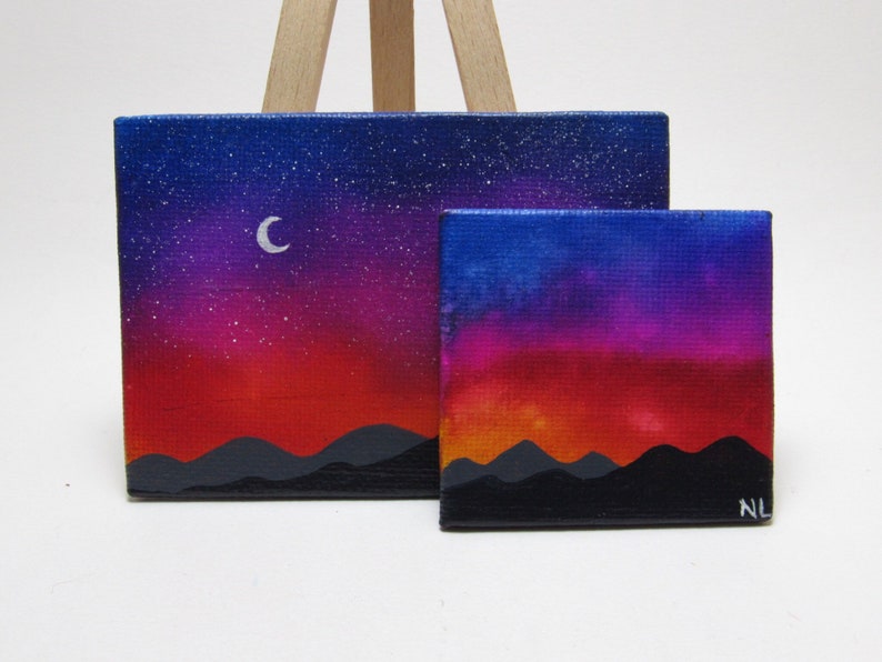 Starry Mountain Sunset, Miniature Painting, Mini Canvas Landscape, Alcohol Ink, Acrylic Painting, Blue Purple Red, Night Sky Scene, ACEO image 6