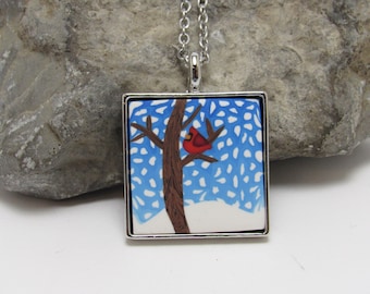 Cardinal Pendant Necklace, Bird in a Tree, Winter Snow Scene, Red White Blue, Polymer Clay Cane, Unique Women's Jewelry, Christmas Gift