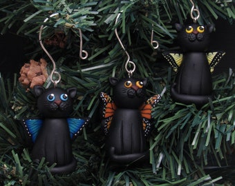 Butterfly Cat Ornament, Christmas Tree Decoration, Polymer Clay, Hand Sculpted, Pet Lover Gift, Nature Inspired, Black Blue Yellow Orange