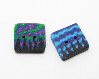Northern Lights Button, Tree Silhouette, Landscape Scene, Blue Black, Polymer Clay, Handmade Sewing Supply, Knit Crochet Gift, Nature Themed