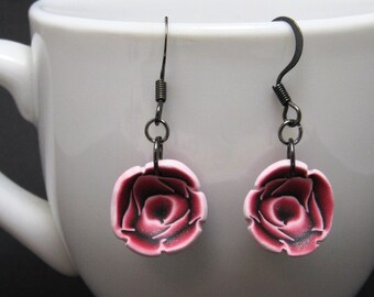 Graphic Rose Dangle Earrings, Floral Jewelry, Pink Black White, Polymer Clay Cane, Nature Inspired, Unique Women Gift, Valentines Day Flower
