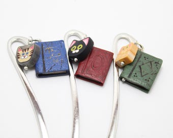 Book & Cat Charm Bookmark in Red, Green or Blue Polymer Clay