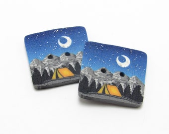 Camping Scene Buttons, Summer Night Landscape, Polymer Clay, Handmade Sewing Supply, Knit Crochet Gift, Nature Themed, Gray Blue Purple