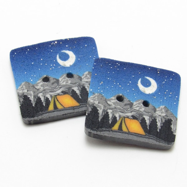 Camping Scene Buttons, Summer Night Landscape, Polymer Clay, Handmade Sewing Supply, Knit Crochet Gift, Nature Themed, Gray Blue Purple