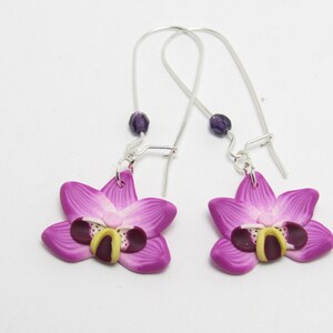 Orchid Dangle Earrings, Magenta Flower Earrings, Polymer Clay Cane, Floral Nature Jewelry, Unique Womens Gift, Phalaenopsis Moth Orchid image 2