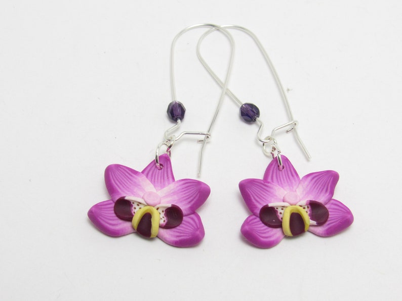 Orchid Dangle Earrings, Magenta Flower Earrings, Polymer Clay Cane, Floral Nature Jewelry, Unique Womens Gift, Phalaenopsis Moth Orchid image 2