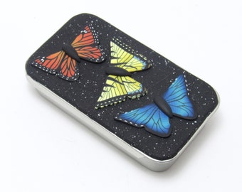 Butterfly Tin, Swallowtail Monarch Morpho, Blue Yellow Orange, Polymer Clay, Craft Supply Holder, Pill Organizer Case, Unique Womens Gift